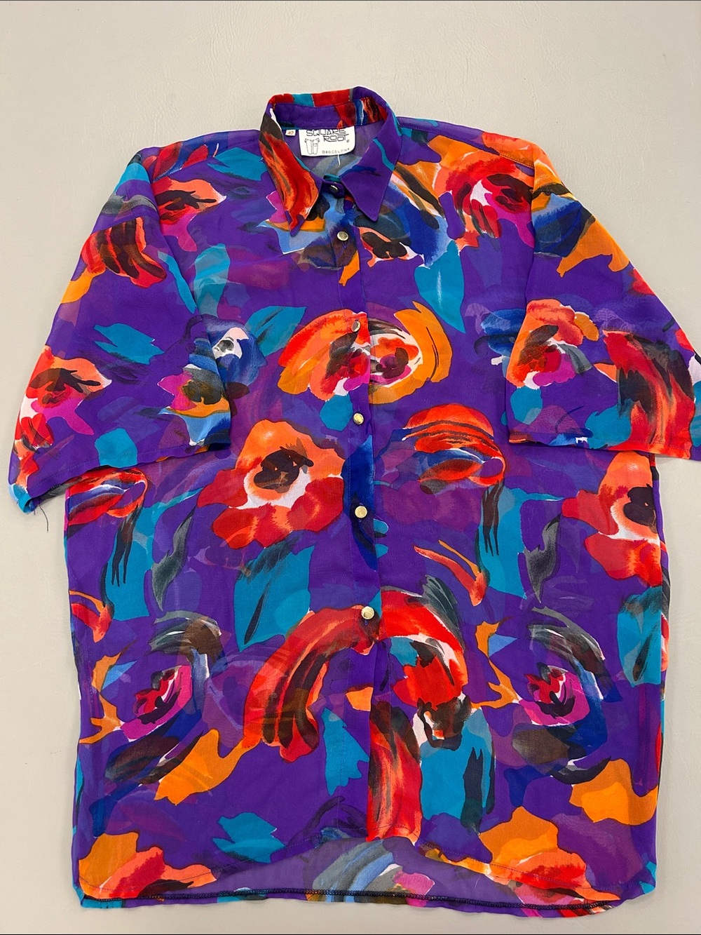 Vibrant Vintage Purple Floral Sheer Short Sleeve Shirt